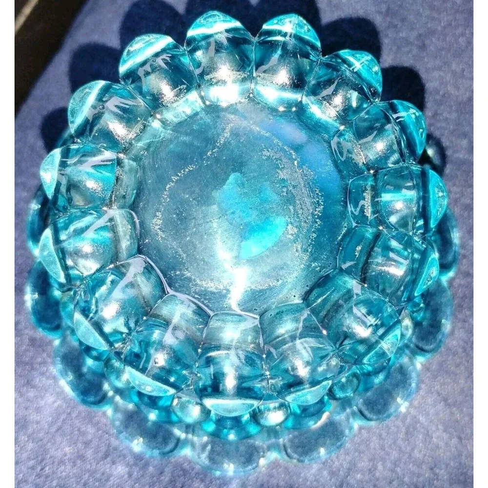 Votive Candleholder Glass‎ Basket Shaped Peacock Blue Glass Beaded Scalloped